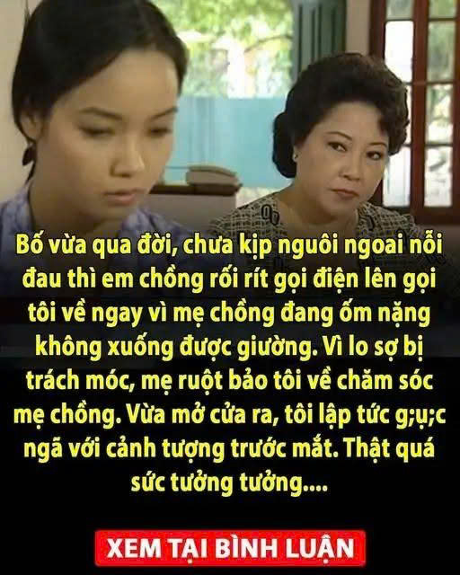 Bố vừa qua đời, chưa kịp nguôi ngoai nỗi đau thì em chồng rối rít gọi điện lên gọi tôi về ngay vì mẹ chồng đang ốm nặng không xuống được giường. Vì lo sợ bị trách móc, mẹ ruột bảo tôi về chăm sóc mẹ chồng. Vừa mở cửa ra, tôi lập tức g;ụ;c ngã với cảnh tượng trước mắt. Thật quá sức tưởng tưởng….